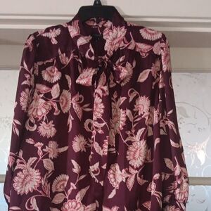 Ann Taylor Burgundy and Cream Floral Blouse